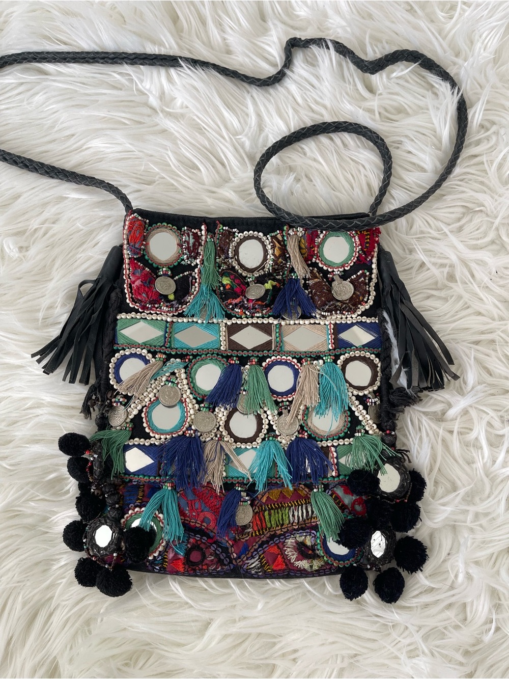 Boho Embellished Crossbody Bag in Black with Colorful Tassels